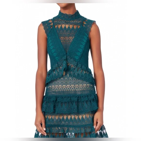 NEW SELF PORTRAIT GUIPURE LACE TEAL TIERED PARTY DRESS NWT! - Picture 3 of 8